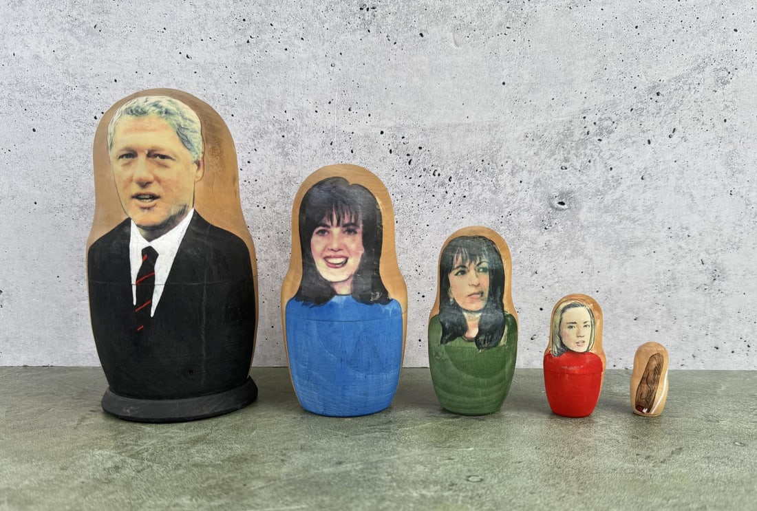 Bill Clinton Russian Matryoshka Nesting Doll Set: Five pieces. Largest measures 6 1/4" tall by 3 1/4" in diameter.