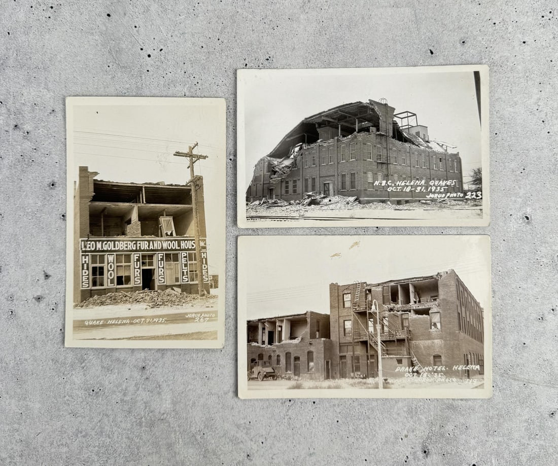 Helena Montana Earthquake Damage RPPC Postcards: Three total. The 1935 Helena earthquake occurred at 22:48:02 MDT on October 18 in Montana, with an epicenter near Helena. It had a magnitude of 6.2 on the surface-wave magnitude scale and a maximum pe