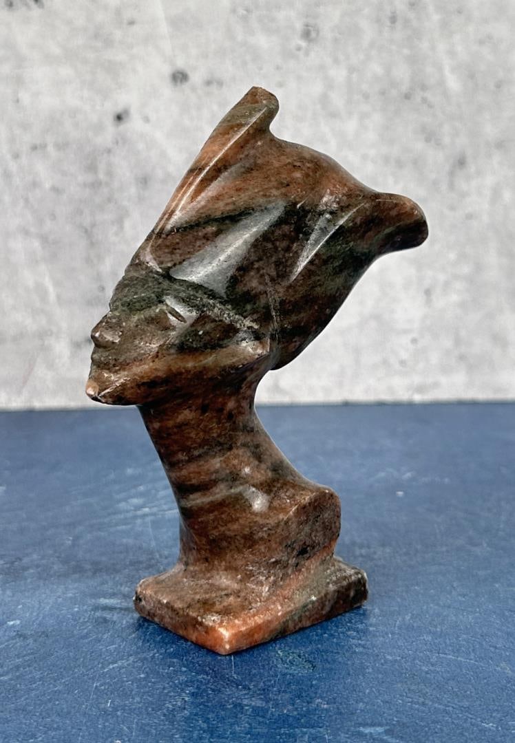 Egyptian Queen Nefertiti Soapstone Carving: 4 1/4" tall by 3 1/4" long by 1 1/4" wide.
