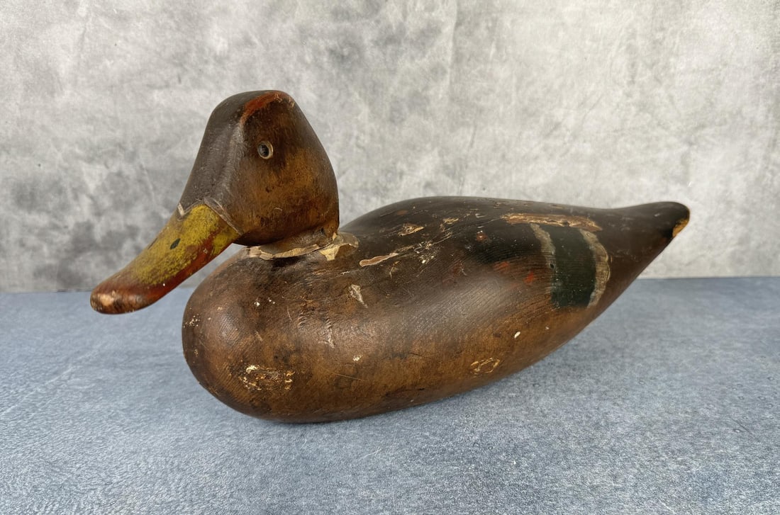 Antique Tack Eye Wood Duck Decoy: 16" long by 6 1/2" wide by 5 3/4" high.