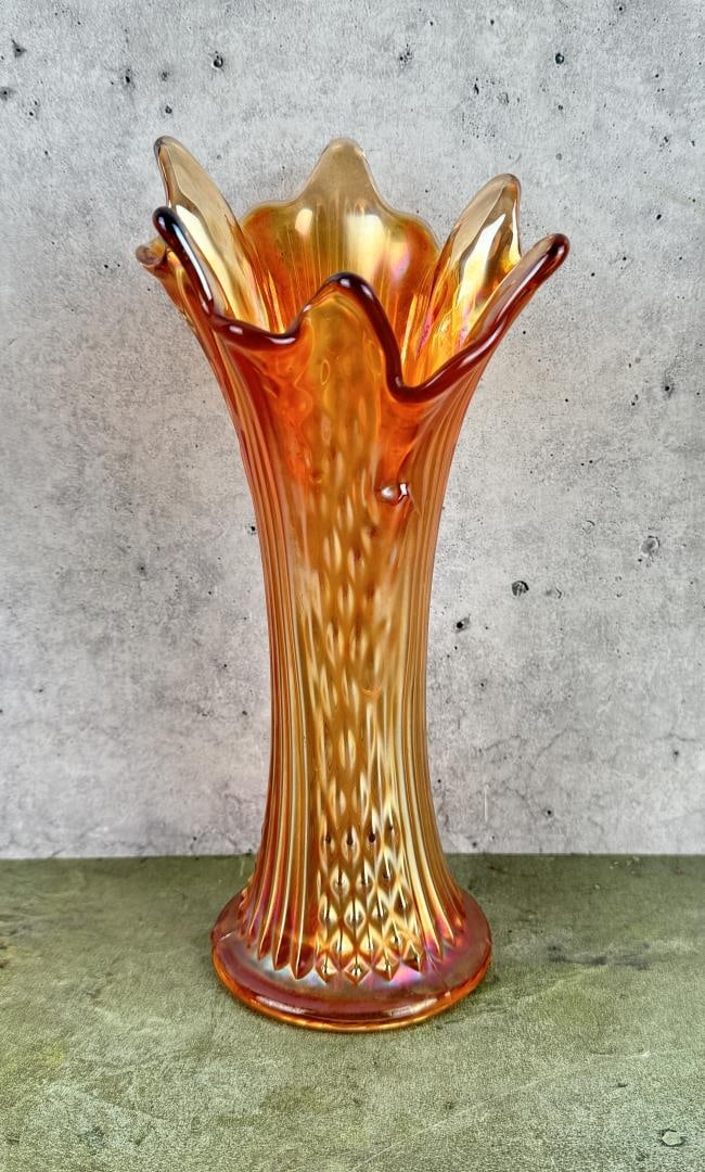 Fenton Marigold Carnival Swung Glass Vase: 9 1/2" tall.