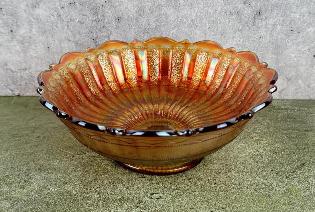 Fenton Marigold Stippled Rays Carnival Glass Bowl: 2 1/4" tall, 5 3/4" diameter.