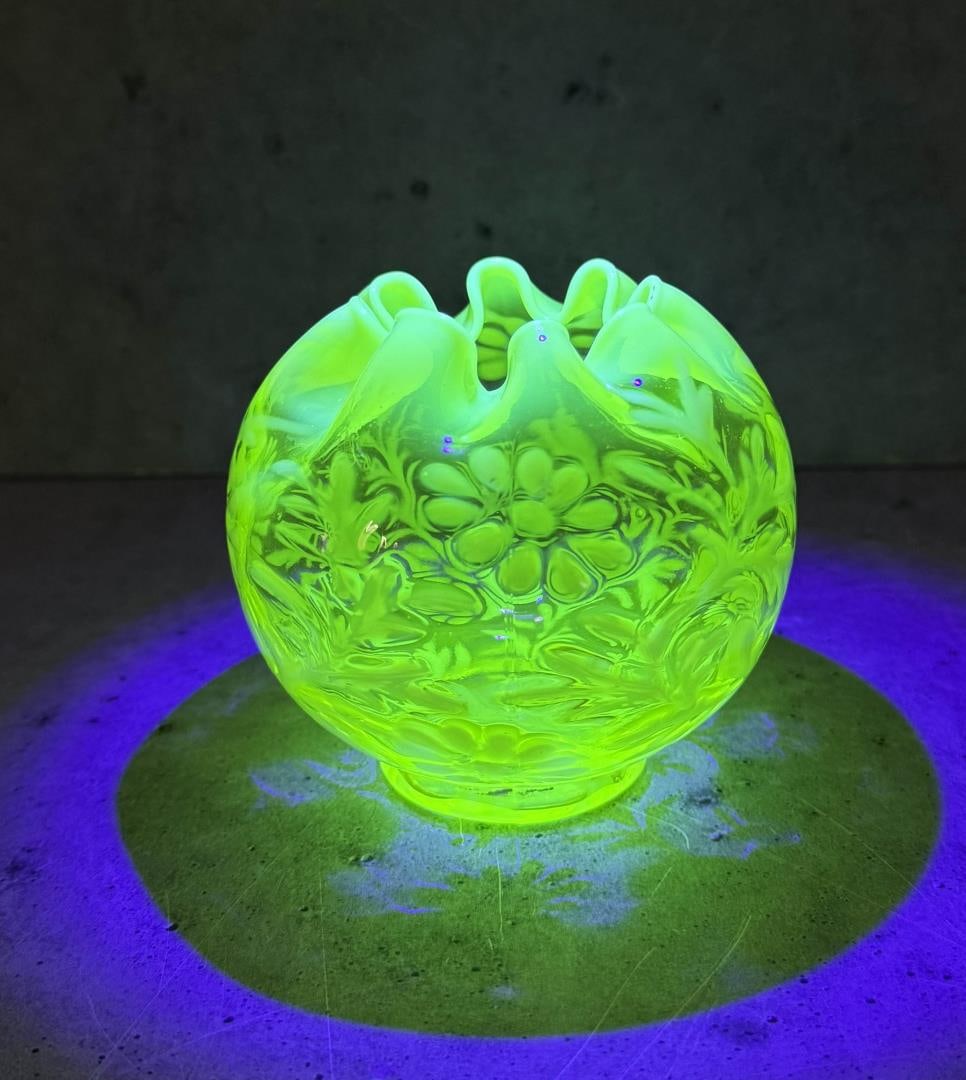 Northwood Opaline Vaseline Uranium Glass Rose Bowl: 3 7/8" tall, 4 1/8" diameter.