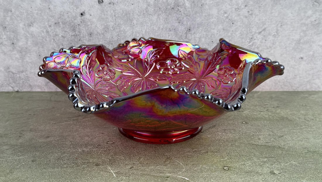 Fenton Carnival Glass Carolina Dogwood Bowl: 7 1/2" diameter, 2 3/4" tall.