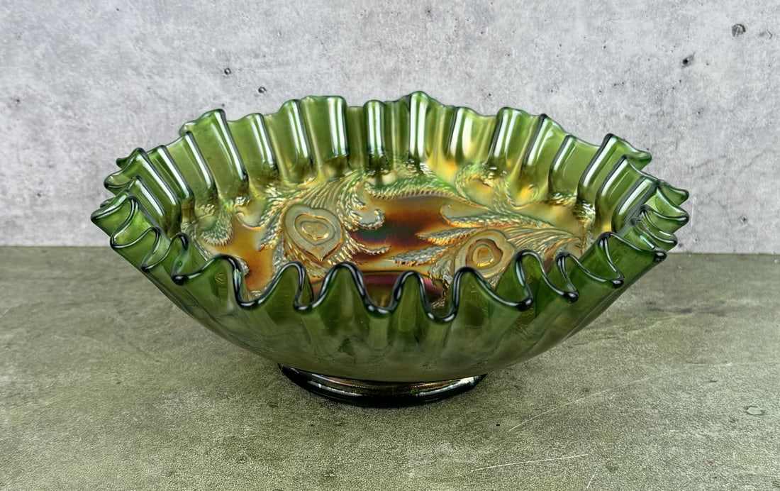 Fenton Carnival Glass Heart & Vine Bowl: 8" diameter, 3" tall.