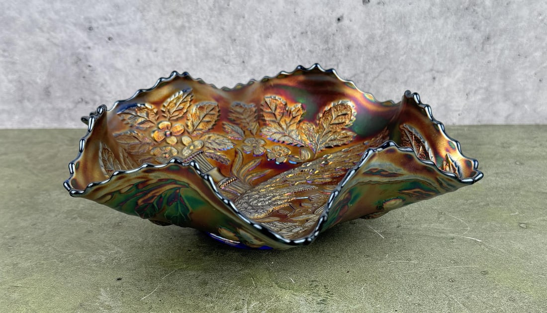 Fenton Carnival Glass Peacock & Urn Bowl: 8" diameter, 3" tall.