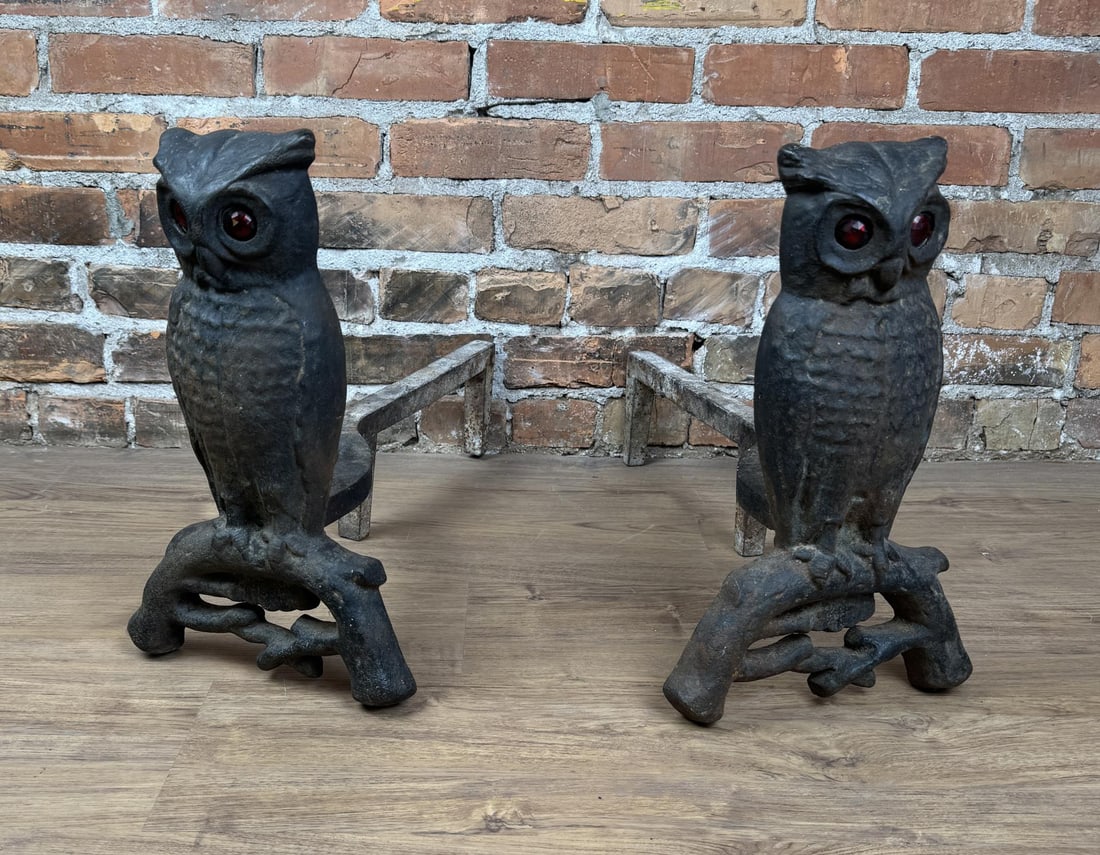 Cast Iron Glass Eye Owl Andirons: 15" tall by 22 1/4" long by 9 1/4" wide