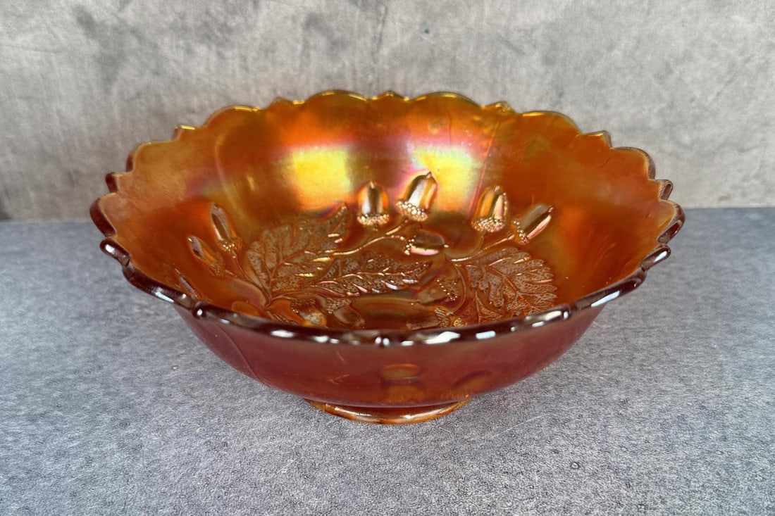 Fenton Carnival Glass Acorn Marigold Ruffled Bowl: 2 1/2" tall by 6 1/2" in diameter.