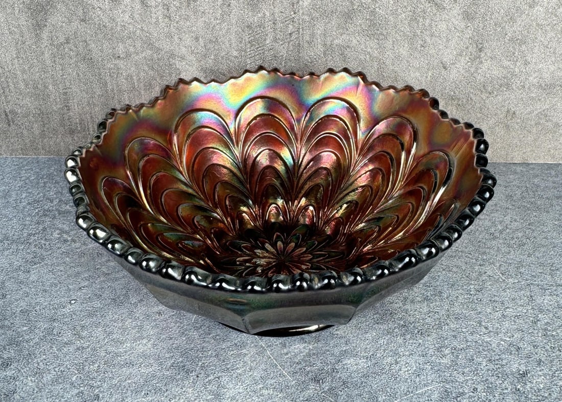 Fenton Carnival Glass Peacock Tail Bowl: 2" tall by 5" in diameter