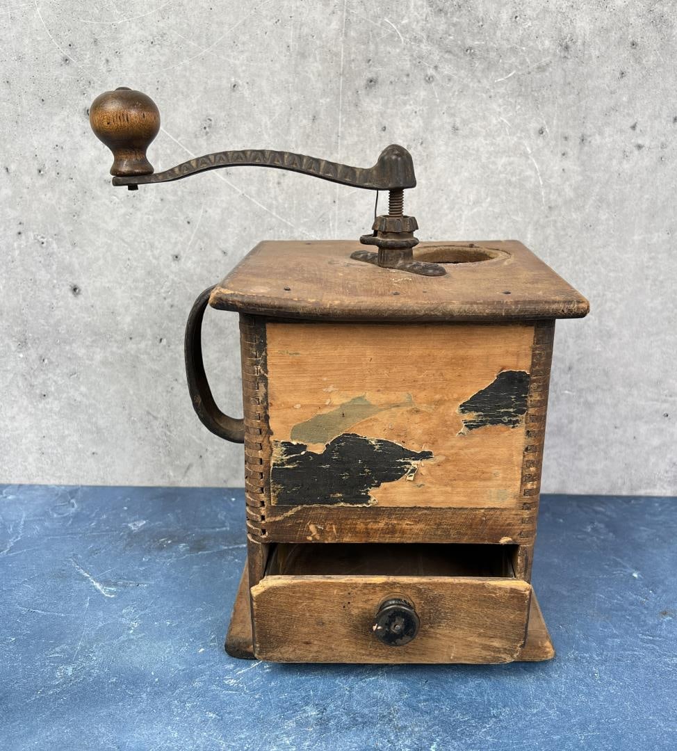 Cast Iron Wood Coffee Grinder: 10 3/4" by 9" by 6 7/8"
