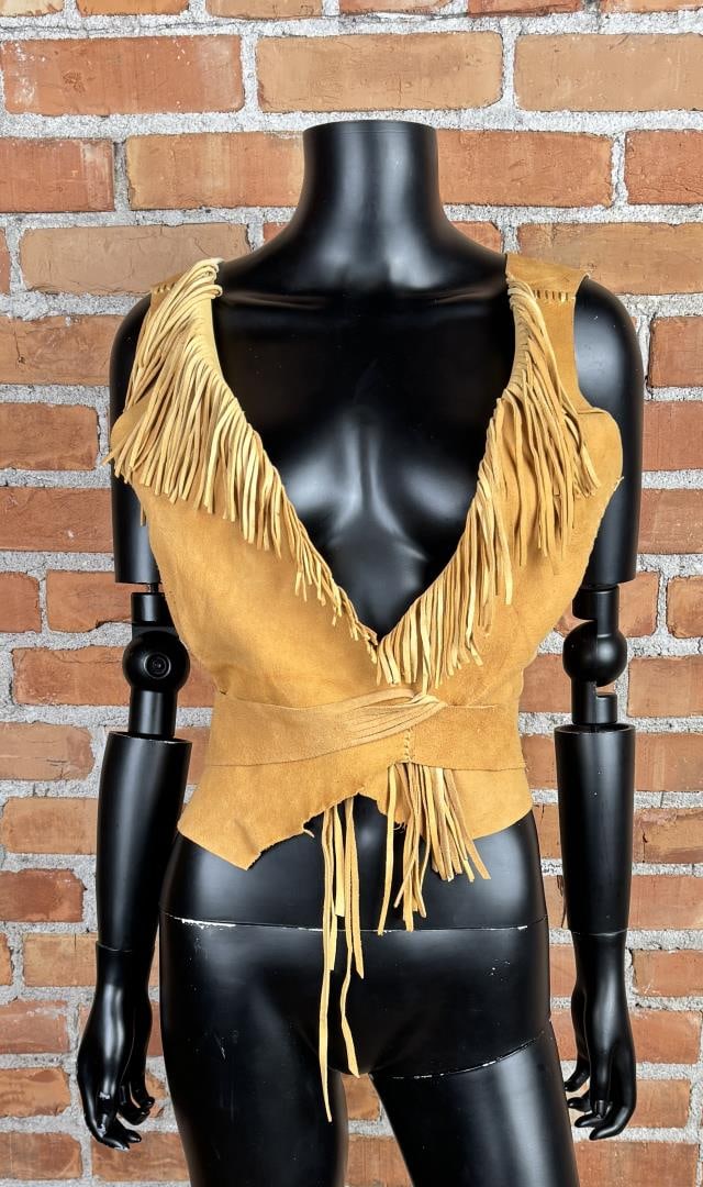 Vintage Fringe Leather Biker Girl Vest: 17" long, 18" armpit to armpit.