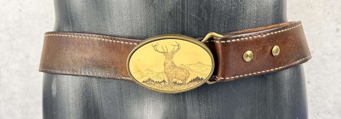 Barlow Brass Scrimshaw Belt Buckle and Belt: 43" long including buckle.