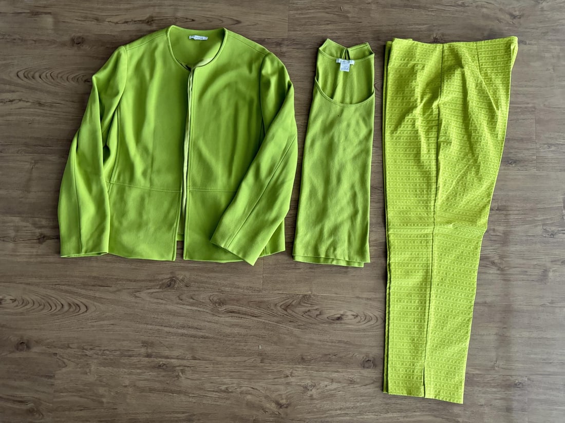 Joan Vass & Tribal 3 Piece Outfit: Pants are size 12, 59% cotton, 37% polyester, 4% spandex, Made in China. Undershirt is 100% cotton, Made in China. Jacket 18 1/2" armpit to armpit, 24" long