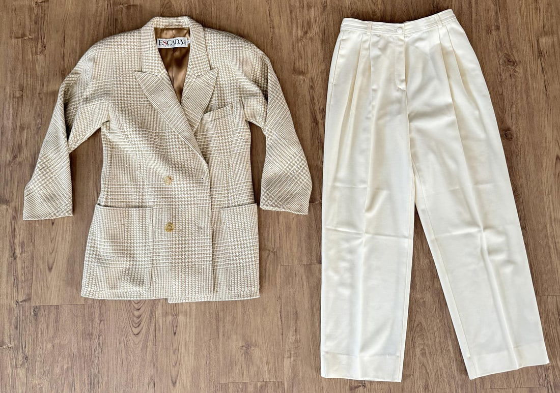 Group Of Women's Designer Clothing: Escada jacket is size 38, wool, made in West Germany. Valentino pants are size 12, wool, made in Italy.