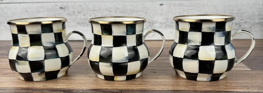 Mackenzie Childs Enamel Courtly Check Mugs: Nice grouping.