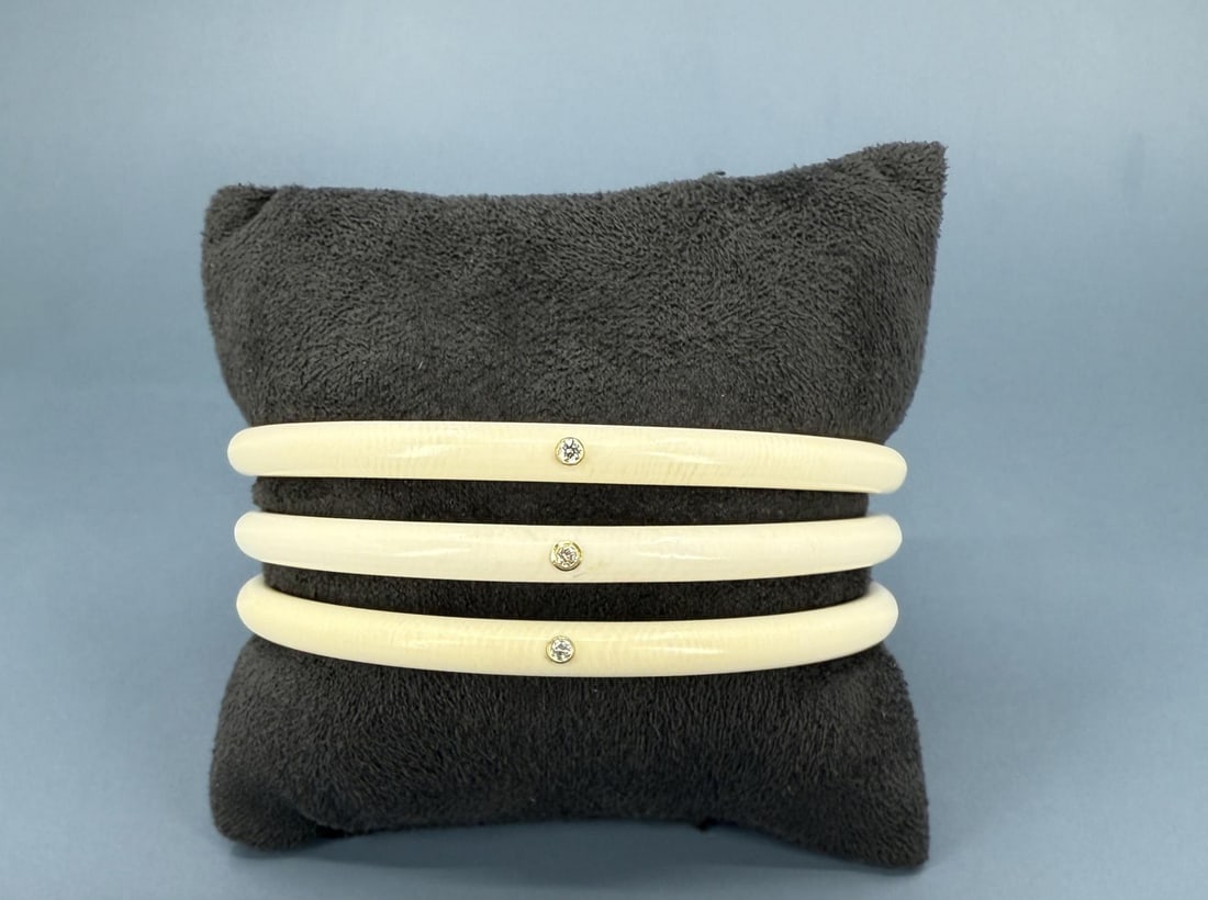 Monique Pean Walrus Diamond Bangle Bracelets: Fossil Walrus Material, Gold and CZ. 2 7/8" diameter, 1/8" wide.