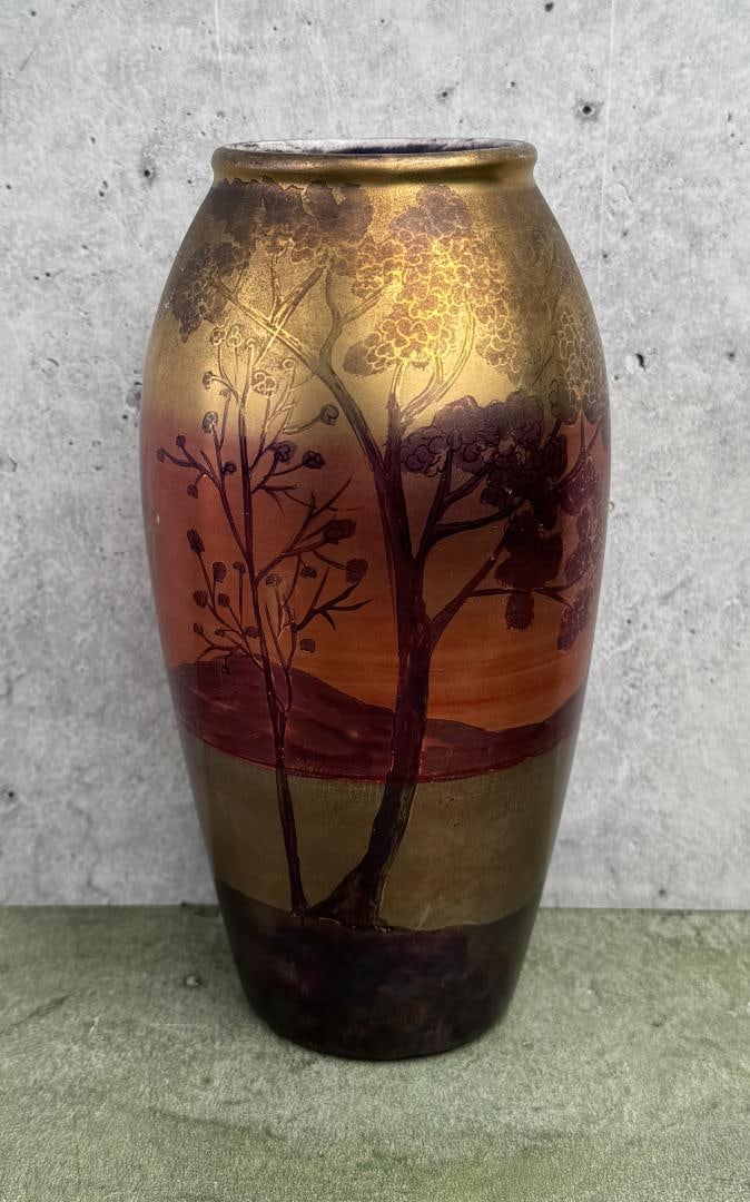 John Lessell for Weller Camark Pottery Vase: Weller Lasa Pattern. 7 1/4" tall, 3 3/4" diameter.
