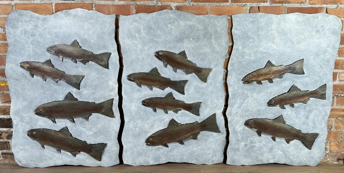 Brent Lawrence Rainbow Trout Triptych: Title is Rainbow Trout Triptych. 36" by 72". Brent Lawrence (Born 1962) is active/lives in Oregon. Brent Lawrence is known for Steel sculpture.