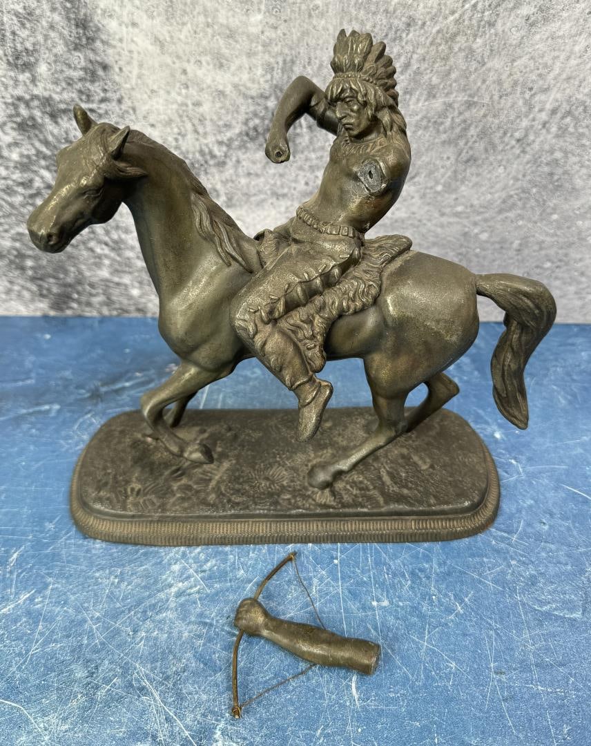 Spelter Indian on Horseback Statue: Broken arm. 8 1/2" by 8" by 4".