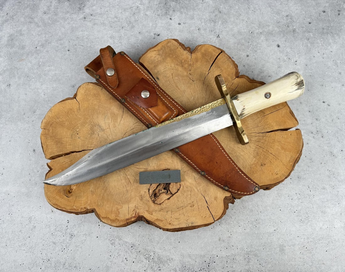 Rudy RH Ruana Bonner Montana Bowie Knife 33B: 19" long. This is one of the rarest and most iconic bowie knives Rudy Ruana ever made. It is called the 33B James Bowie, after the knife that was carried by the famous soldier, that lent the Bowie kni