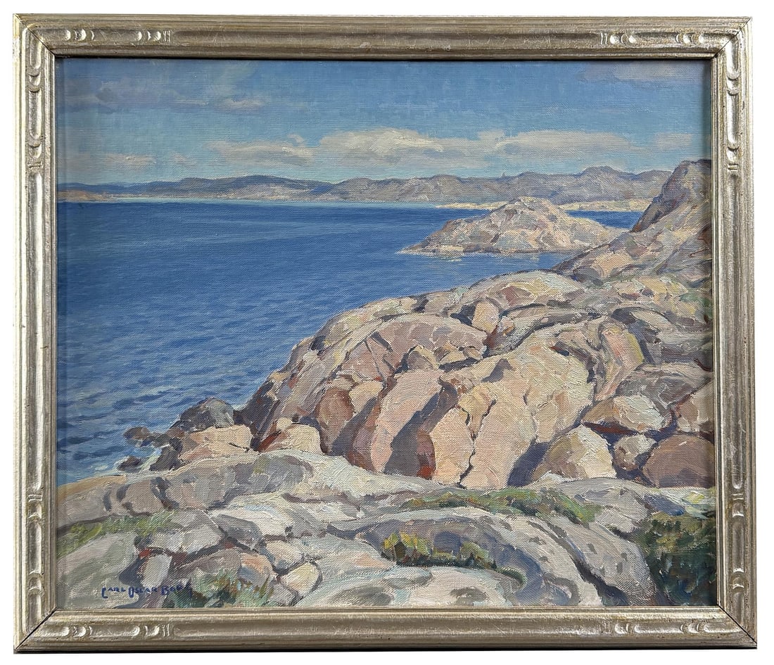 Carl Oscar Borg Oil on Canvas Painting: Title is Gothenburg Archipelago. 20" by 24" unframed. 22 7/8" by 26 3/4" framed. Carl Oscar Borg (1879 - 1947) was active/lived in California / Sweden. Carl Borg is known for Western, Indian genre, an