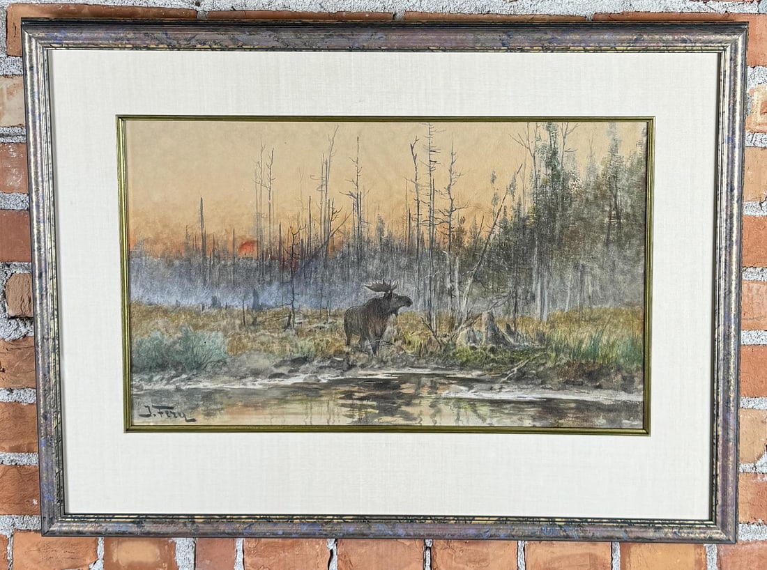 John Fery Moose at Sunrise Watercolor Painting: Title is Moose at Sunrise 1932. Watercolor on Paper. 14" by 22" unframed. 23" by 31" framed. Provenance: Cornell Norby Gallery, from previous owner by descent. John Fery (1859 - 1934) was active/lived