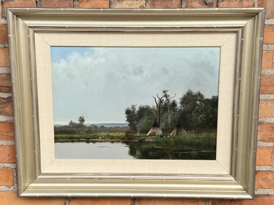 Michael Coleman Indian Encampment Oil Painting: Title is Hunters on the Musselshell. Oil on Board. 14" by 20" unframed. 22 1/2" by 28" framed. Michael B. Coleman (Born 1946) is active/lives in Utah. Michael Coleman is known for Indian genre and wil