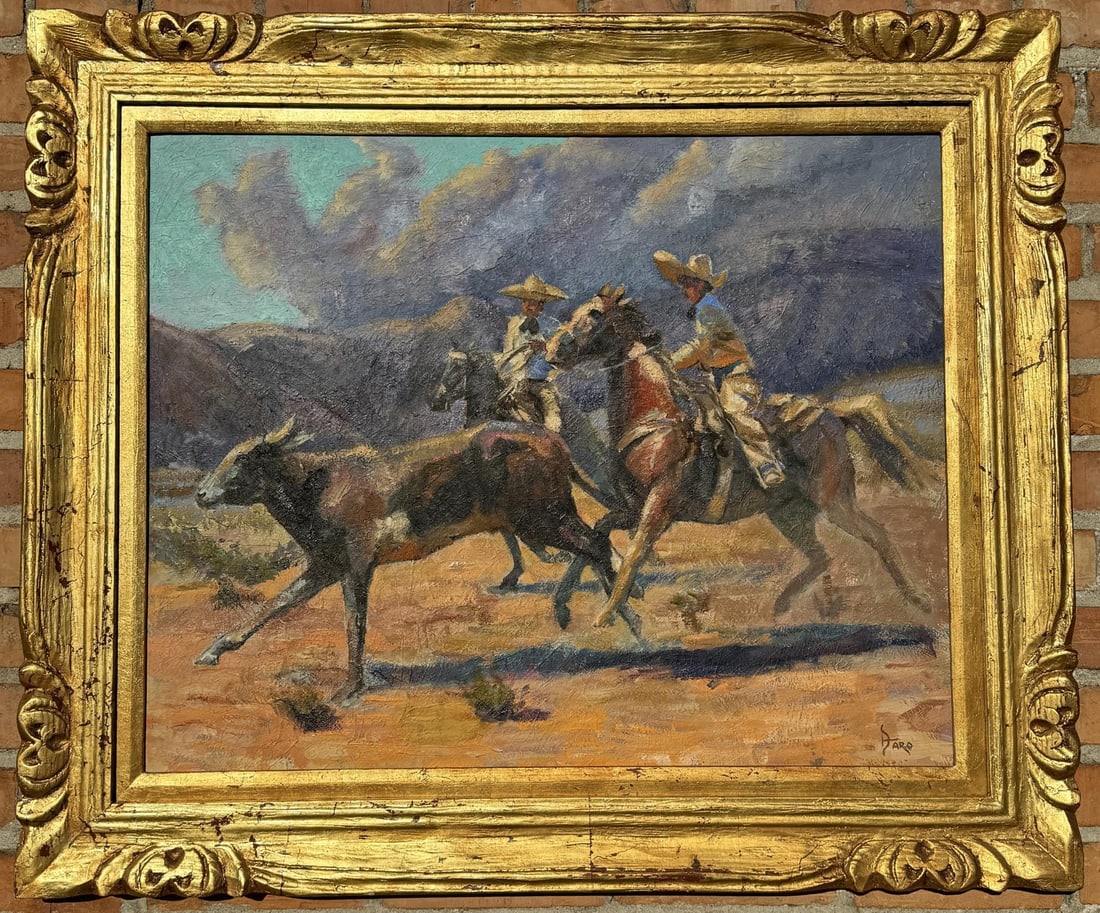 Daro Flood Runaway Steer Oil on Board Painting: Title is Runaway Steer. 32" by 38" framed. Daro Flood (1954 - 2017) was active/lived in Arizona. Daro Flood is known for Portrait bust Indian and cowboy sculpture. Daro Flood was a jeweler who made th