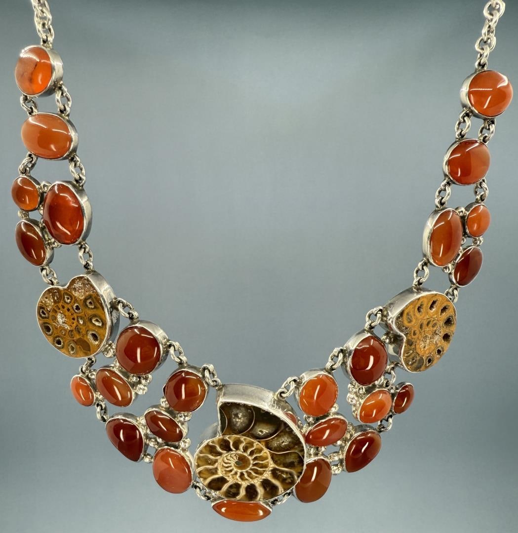 Sterling Silver Carnelian Fossil Ammonite Necklace: 123.6 grams. 10 1/2" long.