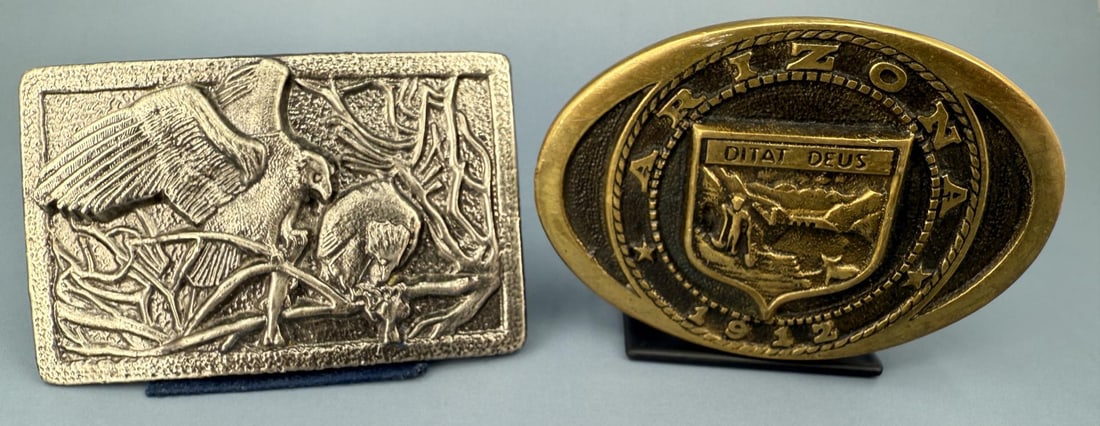 Vintage Cowboy Belt Buckles: Arizona and Eagles.