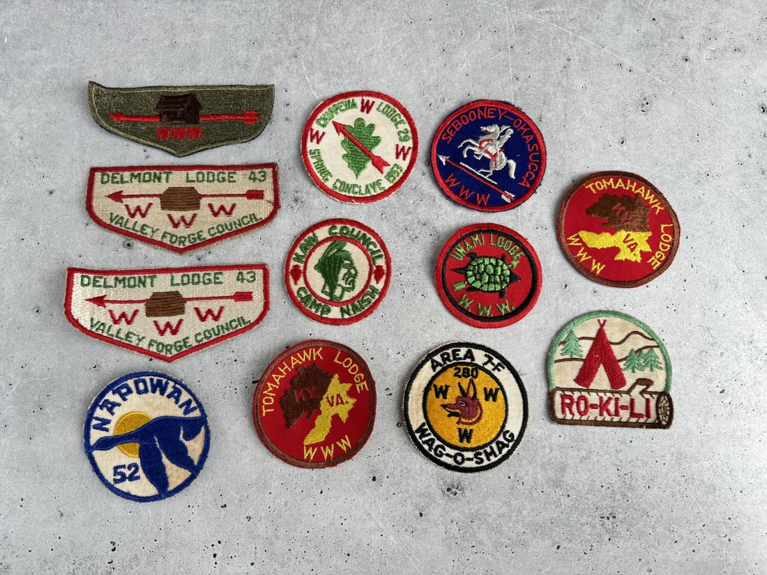 Order of the Arrow Boy Scout Patches: Delmont Lodge 43, Napowan 52, Chippewa Lodge 29, Kaw Council, Tomahawk Lodge, Sebooney-Okasucca, Unami Lodge, Wag-O-Shag, Ro-Ki-Li.