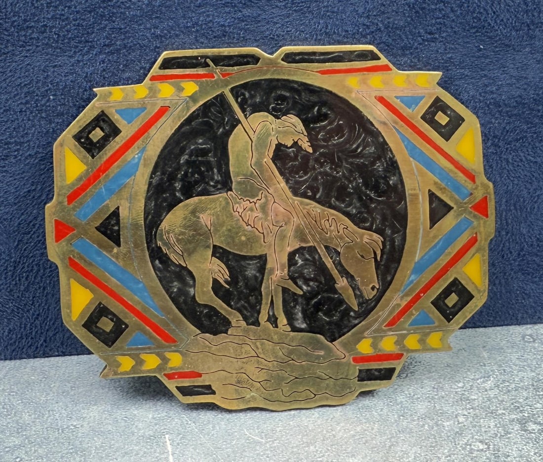 Inlaid End of Trail Indian Belt Buckle: 2 5/8" by 3 1/2"