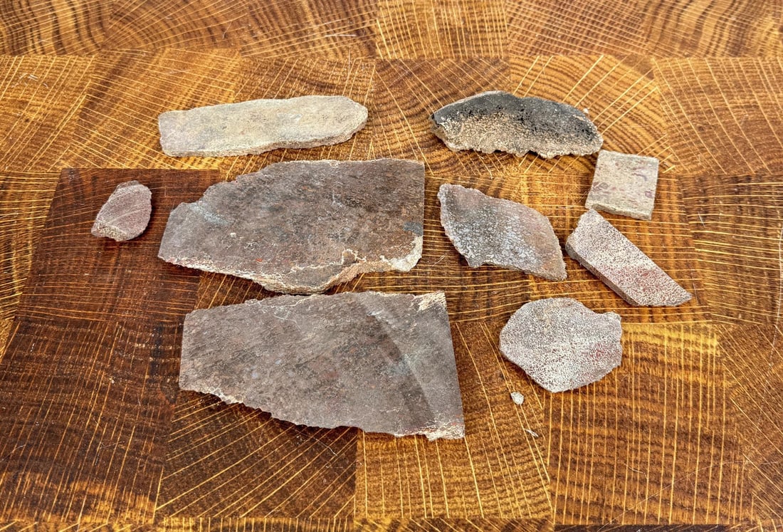 Collection Of Dinosaur Bone Lapidary Slabs: 1.8 lbs total weight. Provenance: From the estate of Moosehead Gallery rock shop in Hamilton, Montana.