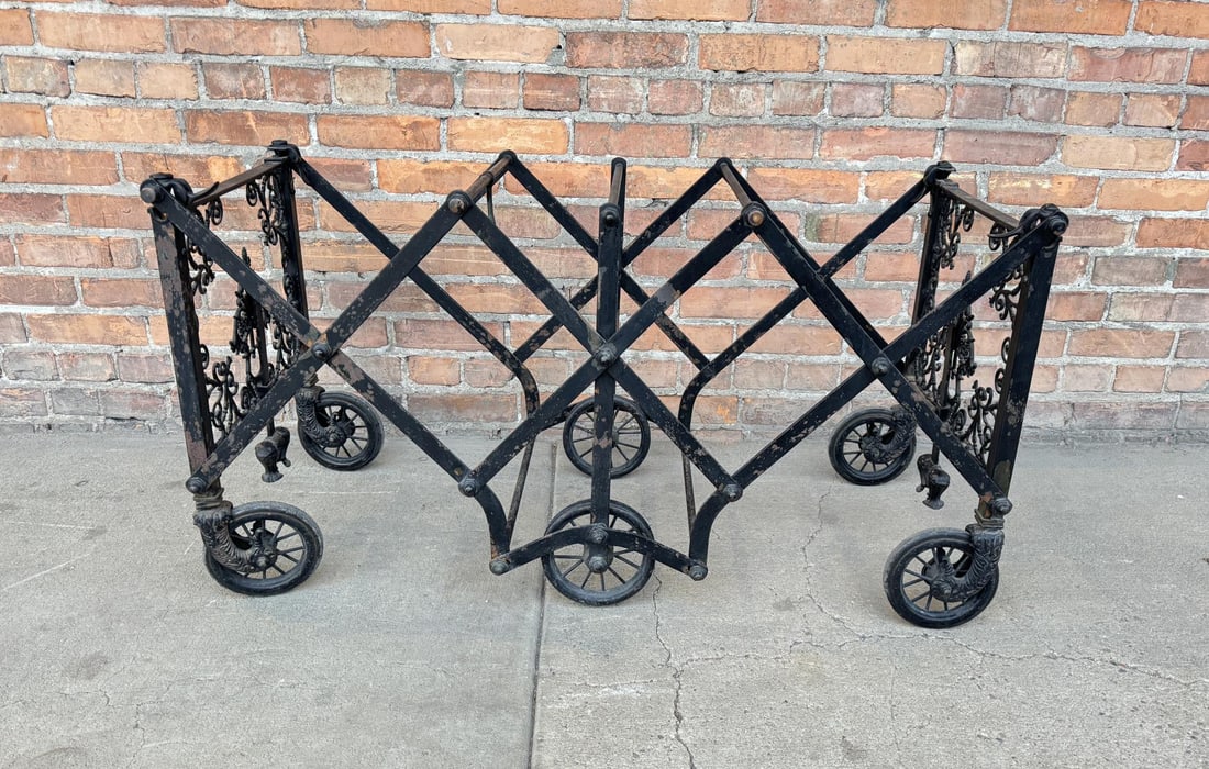 Victorian RH Dixon Funeral Casket Trolley Stand: 18" by 22" by 27" folded. 42 3/4" by 20 1/2" by 22 5/8" unfolded.