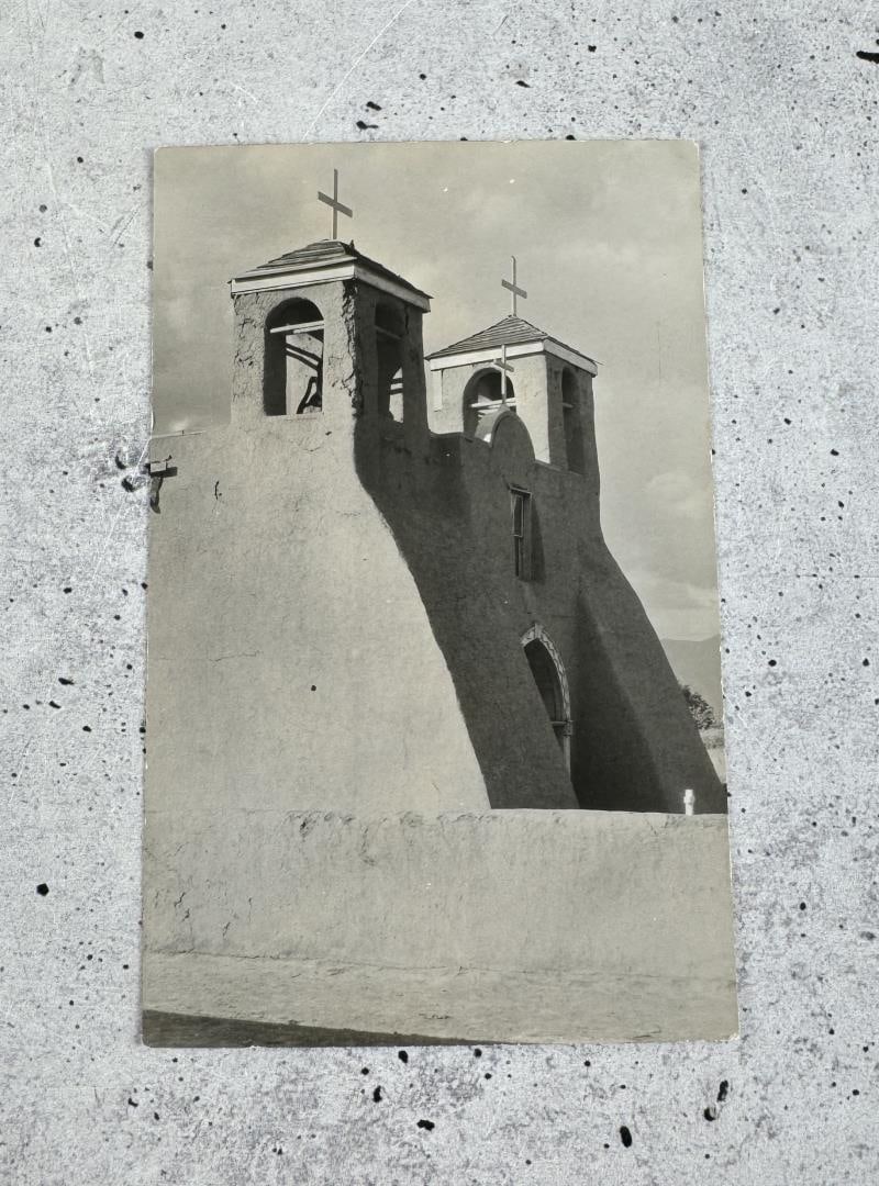 Rancho de Taos RPPC Postcard: Very nice early RPPC Postcard of the Rancho de Taos San Francisco de Asis Church. Provenance: From the Estate of Ernest Blumenschein