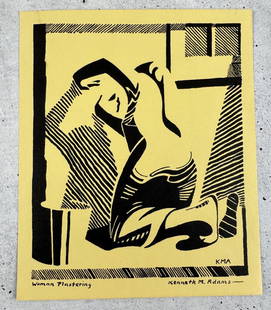 Kenneth Miller Adams Woman Plastering Woodblock: Woodblock Print. 5 1/2" by 6 3/4". Provenance: From the Estate of Ernest Blumenschein Kenneth Miller Adams (1897 - 1966) was active/lived in New Mexico, Kansas. Kenneth Adams is known for Figure and l