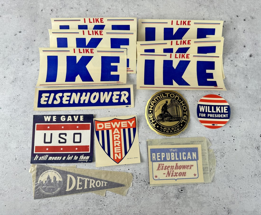 Vintage Political Luggage Decals: Ike, Eisenhower, Willkie for President, Dewey Warren, Eisenhower Nixon, Detroit, Hamilton Hotel Laredo Texas