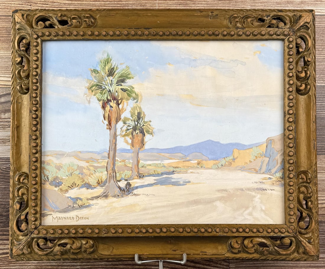 Maynard Dixon Gouache Palm Desert Painting: Title is Palm Desert. 9" by 13" unframed, 13 1/2" by 16" framed. Provenance: From the Estate of Uvaldo and Isabel Sandoval of Taos New Mexico. Uvaldo was the sheriff of Taos Pueblo from 1952-1954. Con