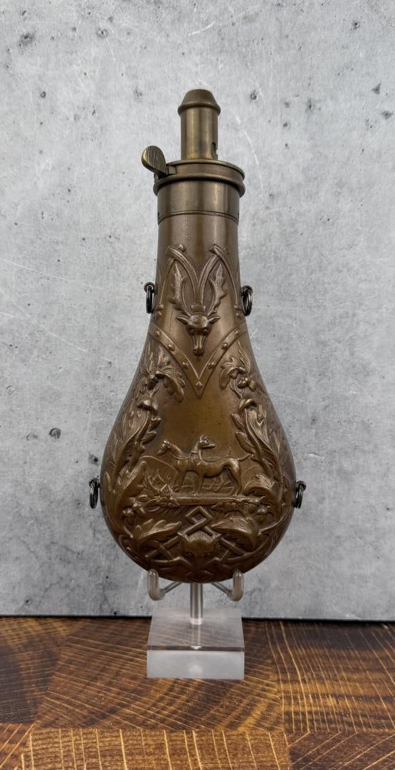 John Matthewman Brass Copper Powder Flask: 8" by 3 1/2" by 1 1/2". American Civil War