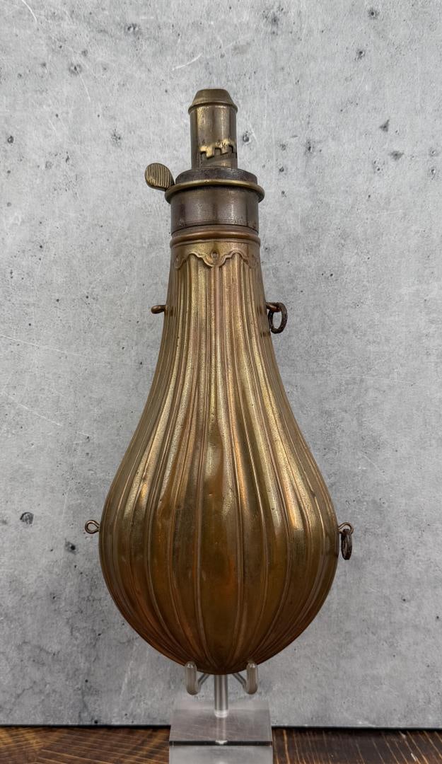 American Flask Cap Co Brass Copper Powder Flask: 8 3/4" by 4" by 1 3/4". American Civil War.