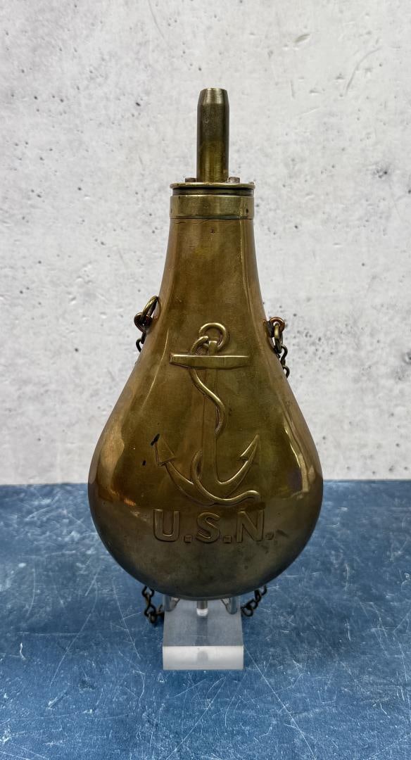 Ames Jenks Rifle US Navy Brass Powder Flask: 9" by 4 3/8" by 2 5/8". Comes with original