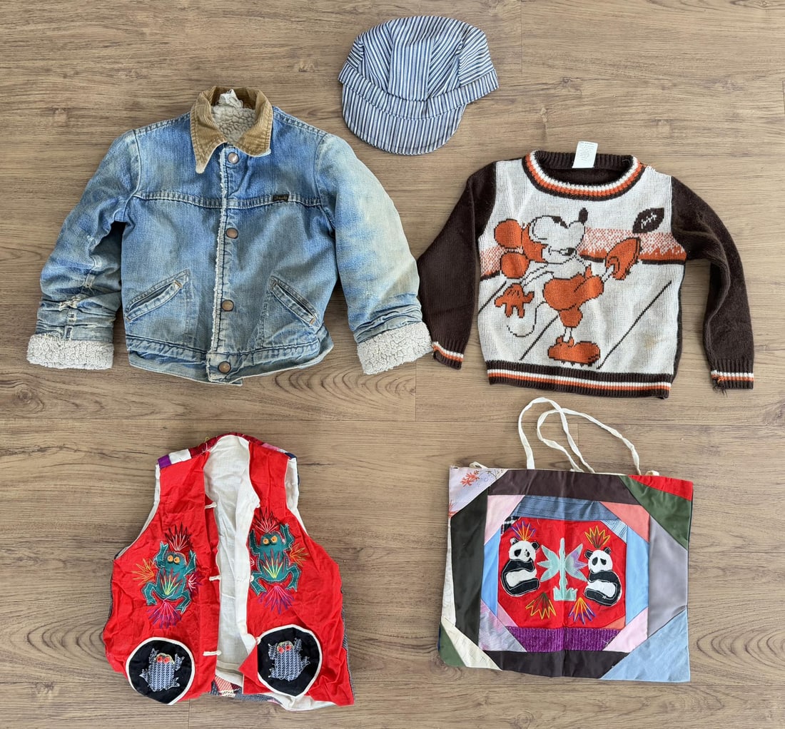 Collection of Vintage Childrens Clothing: Wrangler Denim Jacket, Buster Brown Hickory Stripe Hat, May Knitting Mickey Sweater.