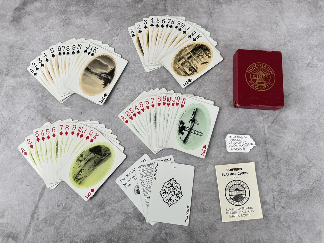 Southern Pacific Lines Playing Cards: Vintage Southern Pacific Lines Railway playing cards, circa 1943. Back of cards depict The Daylight. Front of each card depicts a different scene from the West. Also enclosed is a booklet describing e