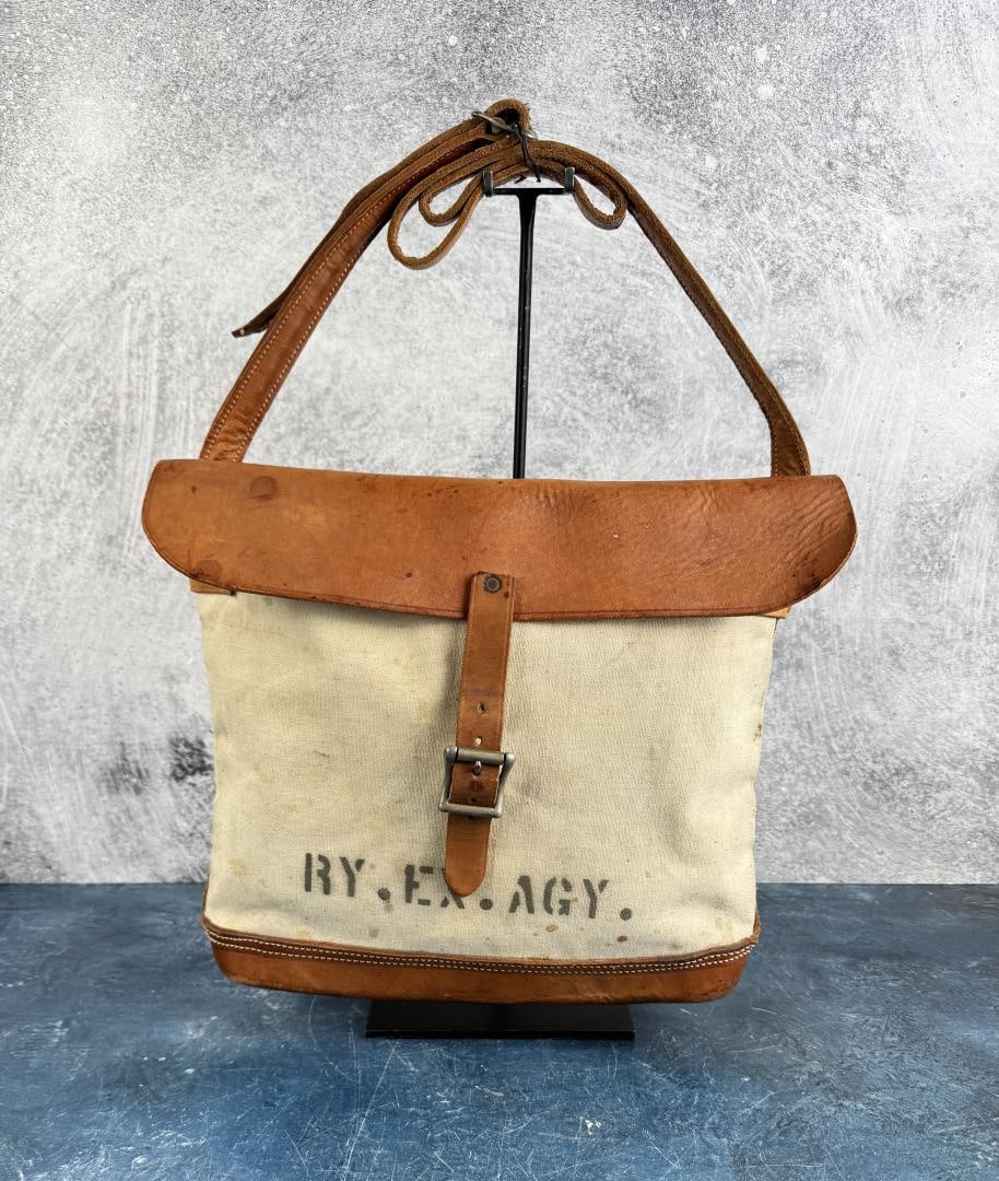 Railway Express Agency Leather Canvas Mail Bag: Nice example. Originally acquired from a retired Great Northern Railway Employee. Michael Westergard Collection Inv: 57