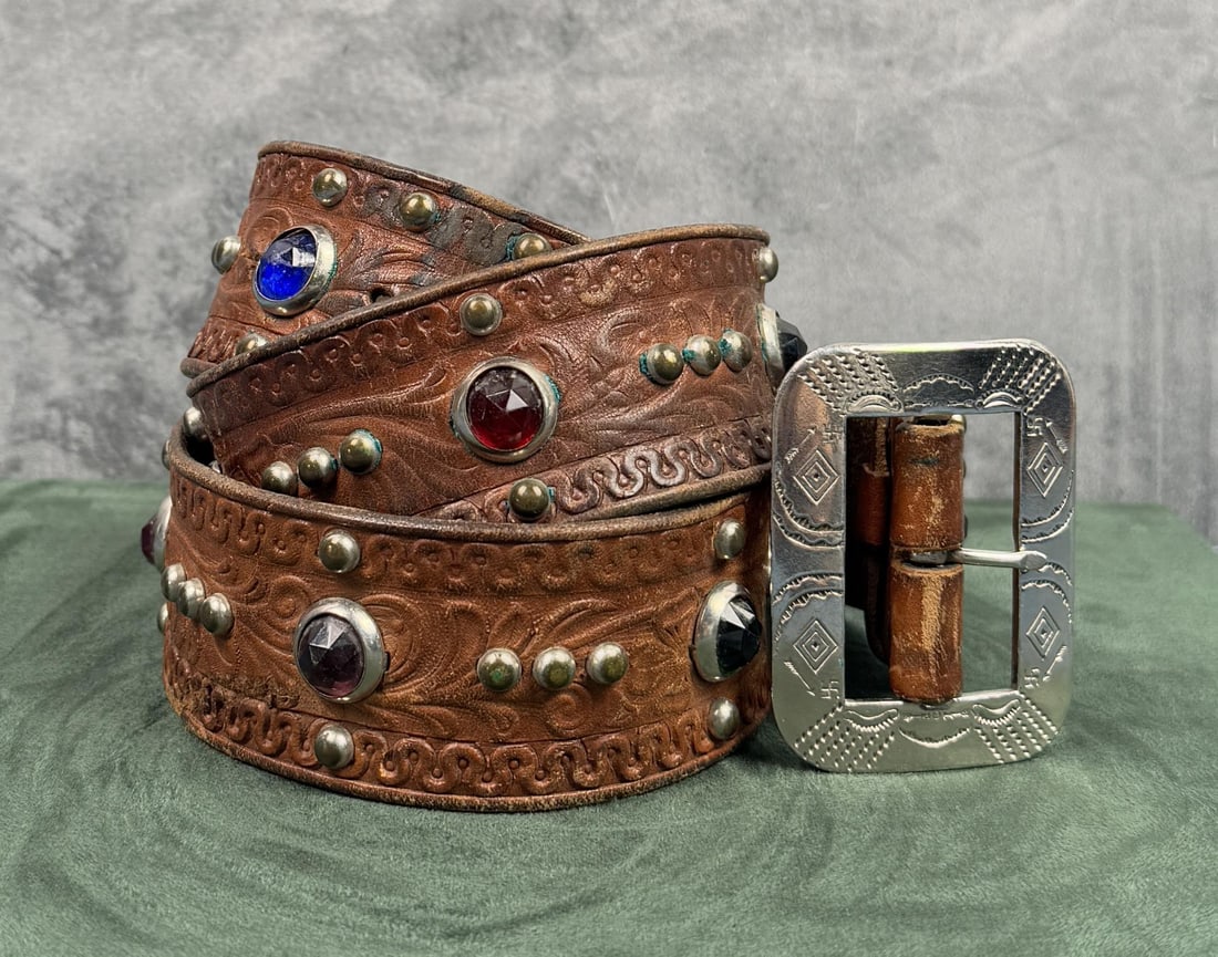 1930s Studded Leather Jewel Cowboy Belt: Belt and buckle measure 42 3/4" long overall. Made at the Deer Lodge Prison. Michael Westergard Collection Inv: 5