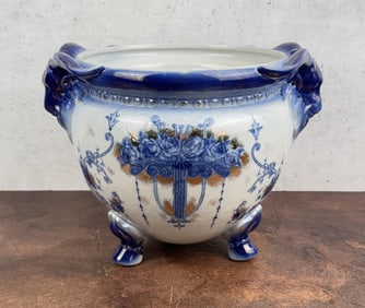Ram Head Flow Blue Porcelain Cache Pot Jardinere