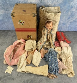 Antique Doll in Trunk with Clothes