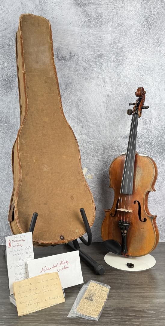 Antique Lyman Merrill Violin: Note states violin was made by Lyman Merrill in 1867 on Deer Island Oregon. One tuning peg is broken as shown.