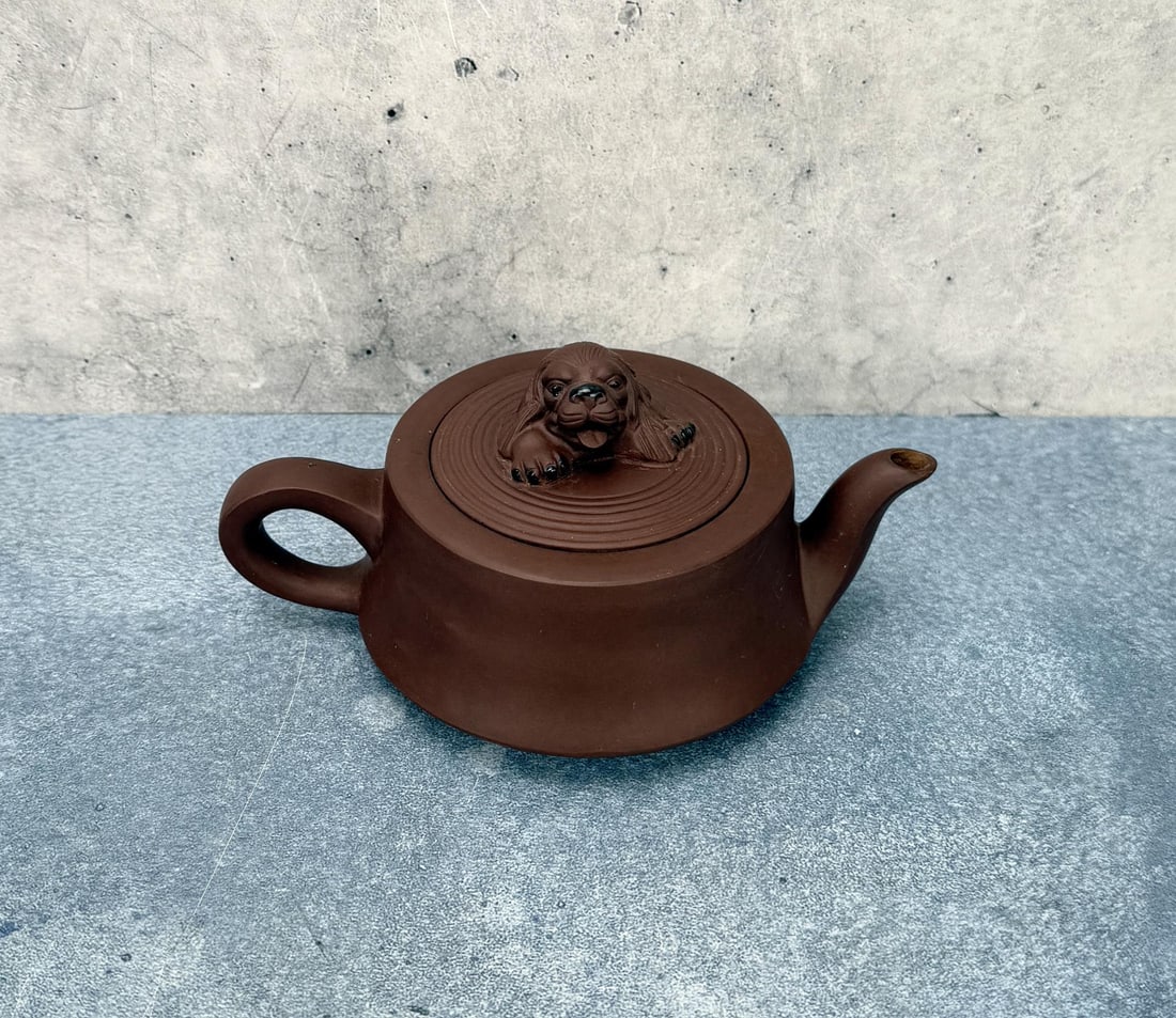 Antique Chinese Yixing Zisha Teapot: Dog finial. 5 1/8" 4 3/4" by 3 1/8".