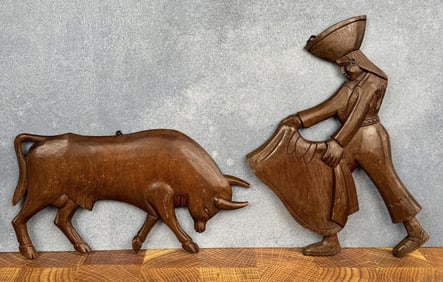 Mid Century Matador & Bull Wood Wall Sculptures
